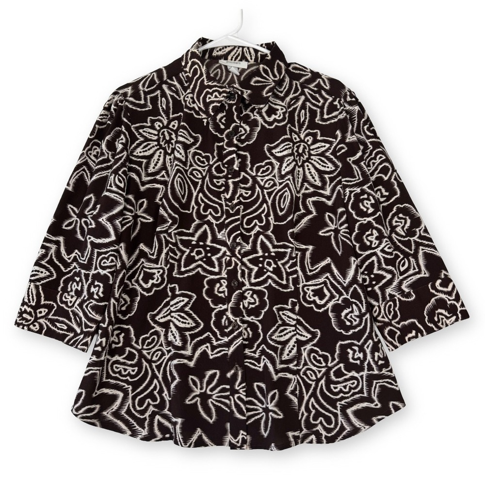 Dressbarn Womens XL Brown Floral Ikat Button Down Shirt 3/4 Sleeve Stretch Top